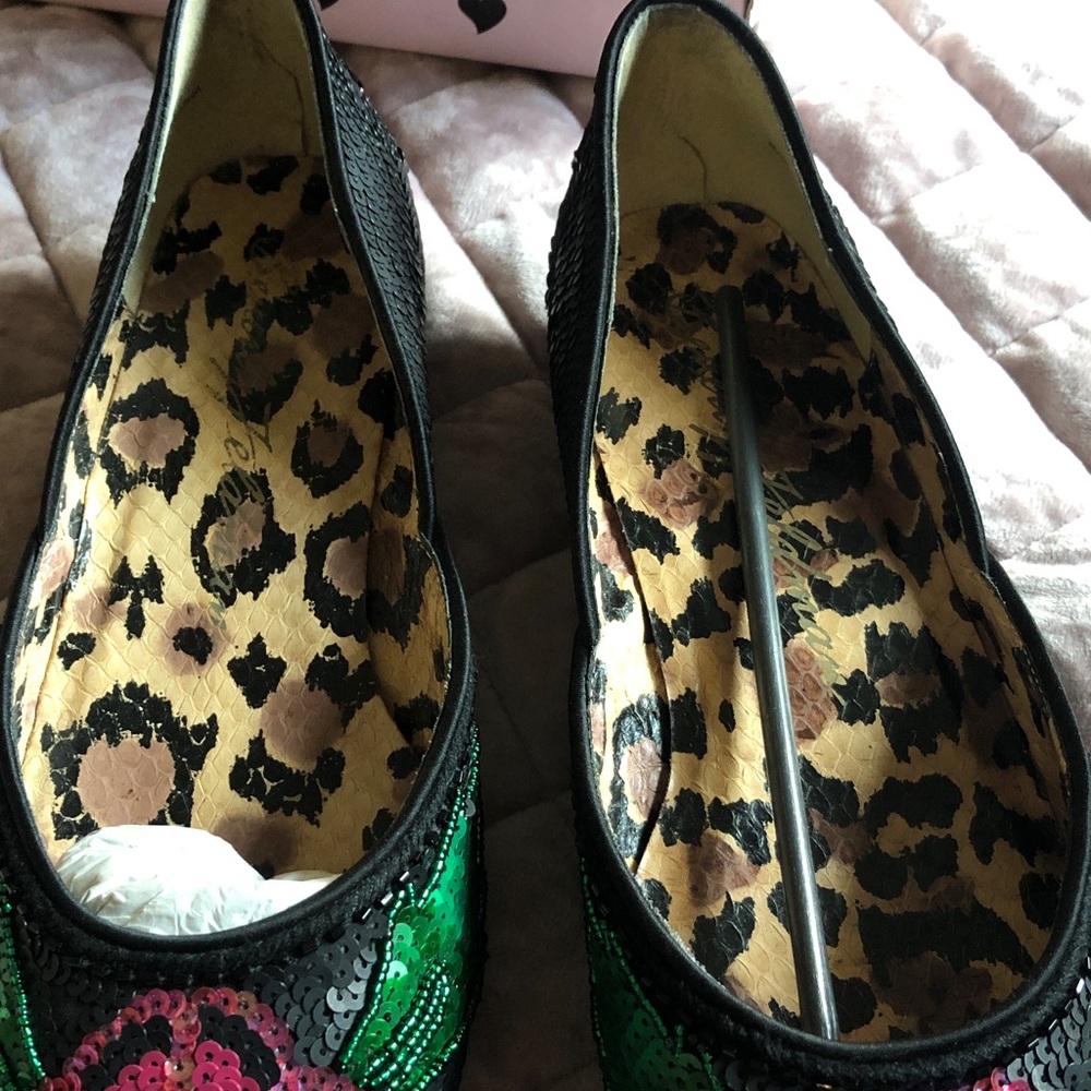 Beverly Feldman Black Flats with Pink Sequin Flower and Green Leaf Accents